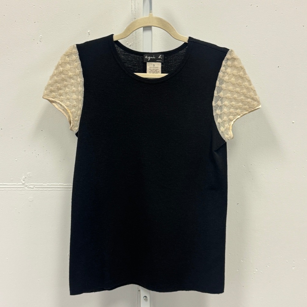 Agnes B. Paris Wool Blend Knit Top Black Cream Lace Dot Sleeve Made in France 3